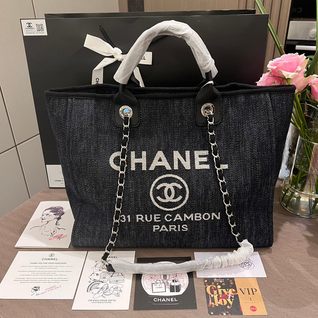 Denim Large Beach Tote with Straps