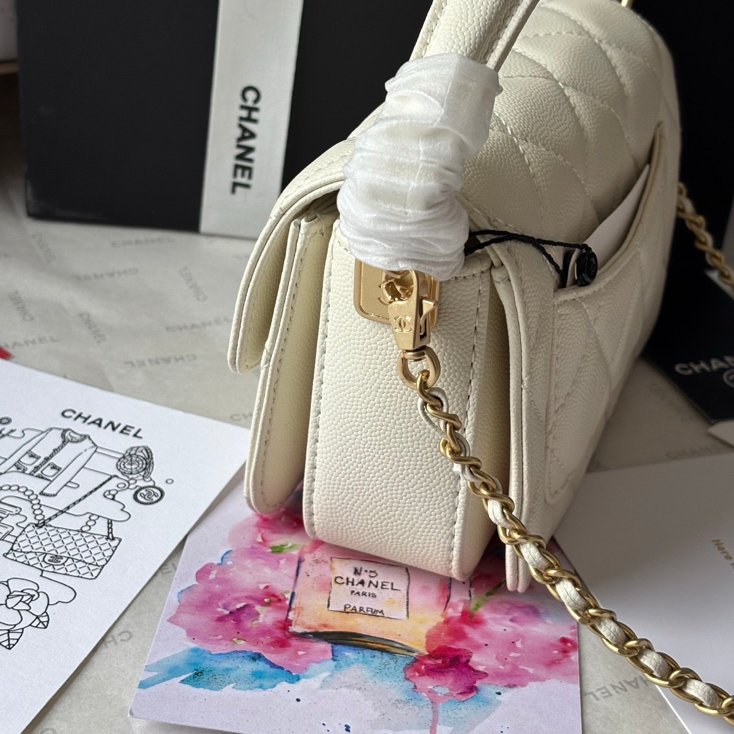 Cream Caviar Calfskin Leather 24K Mini Lovely Pink Cherry