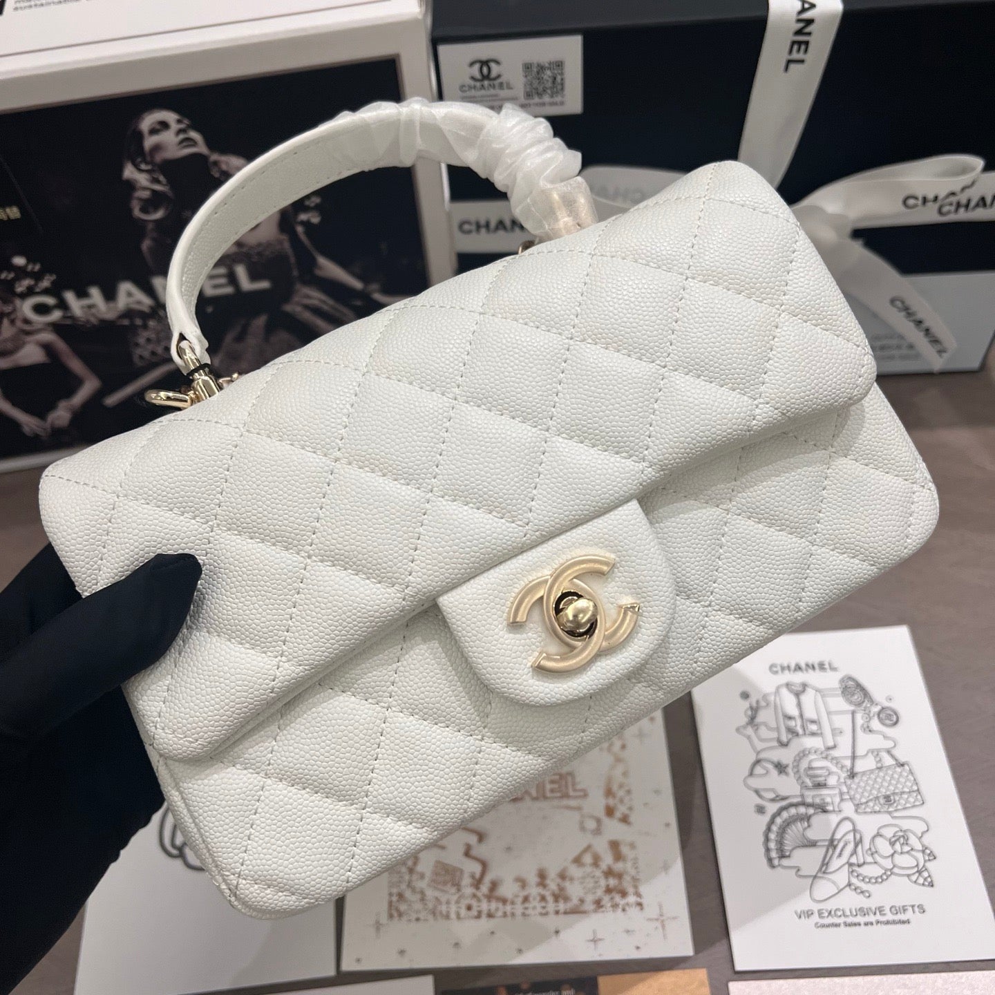 Snow White Calfskin Caviar Handle Flap Bag