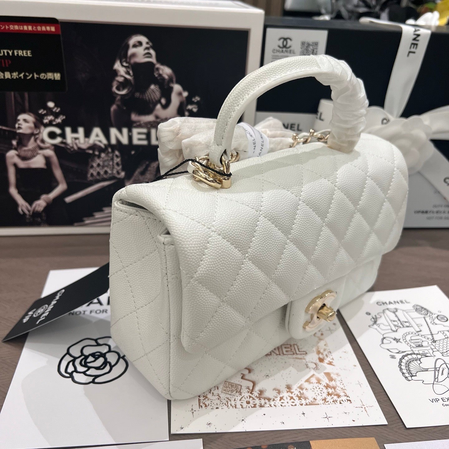 Snow White Calfskin Caviar Handle Flap Bag