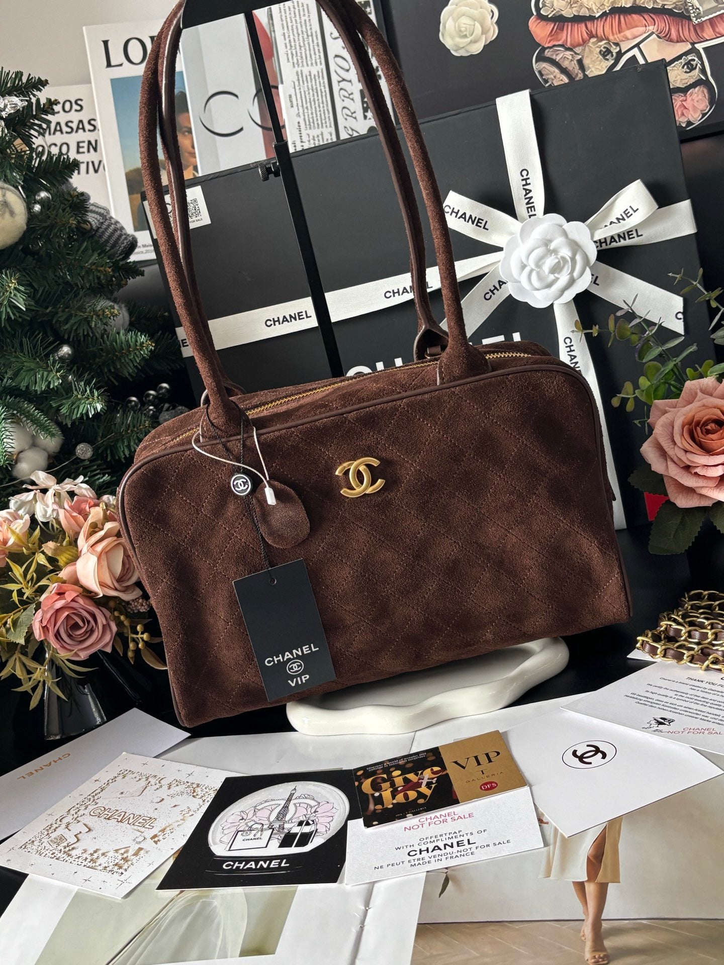 Chocolate Calfskin Suede Triangle Bag  31x12x18