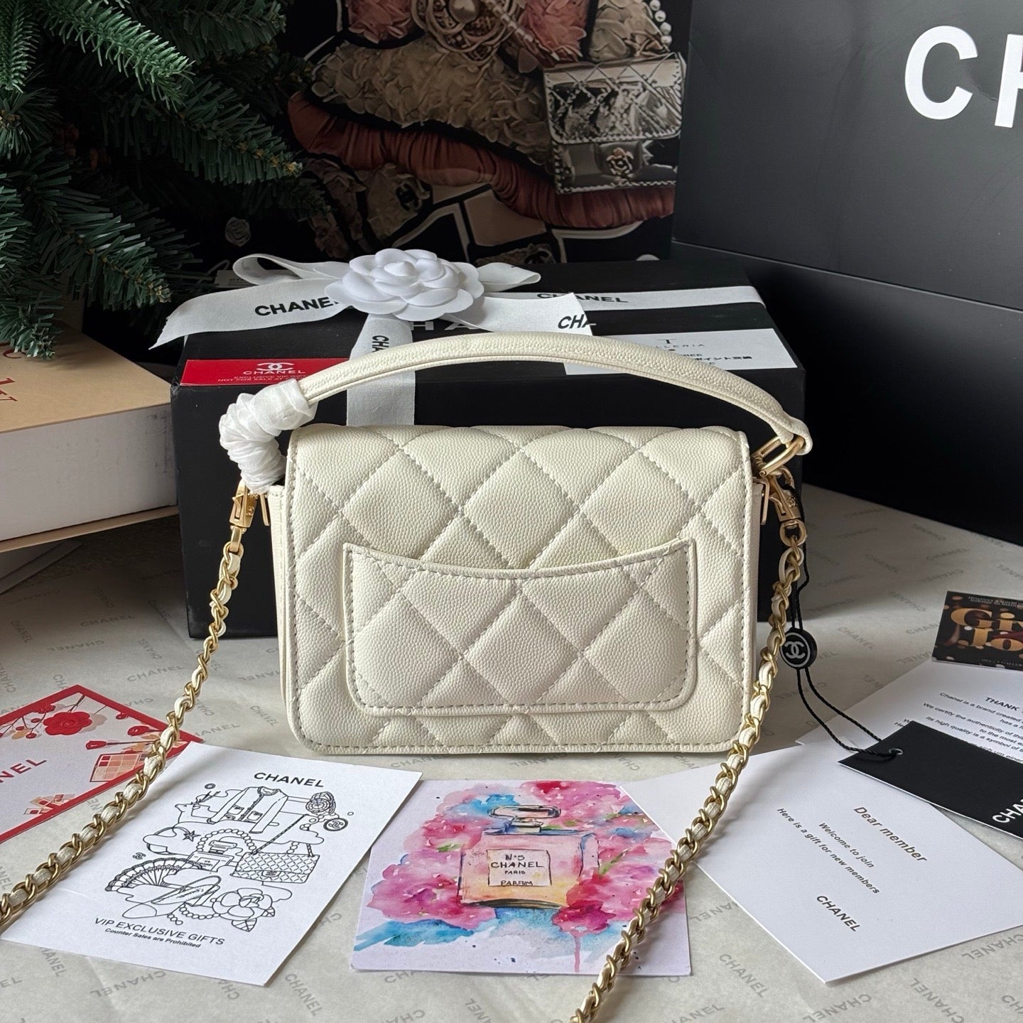 Cream Caviar Calfskin Leather 24K Mini Lovely Pink Cherry