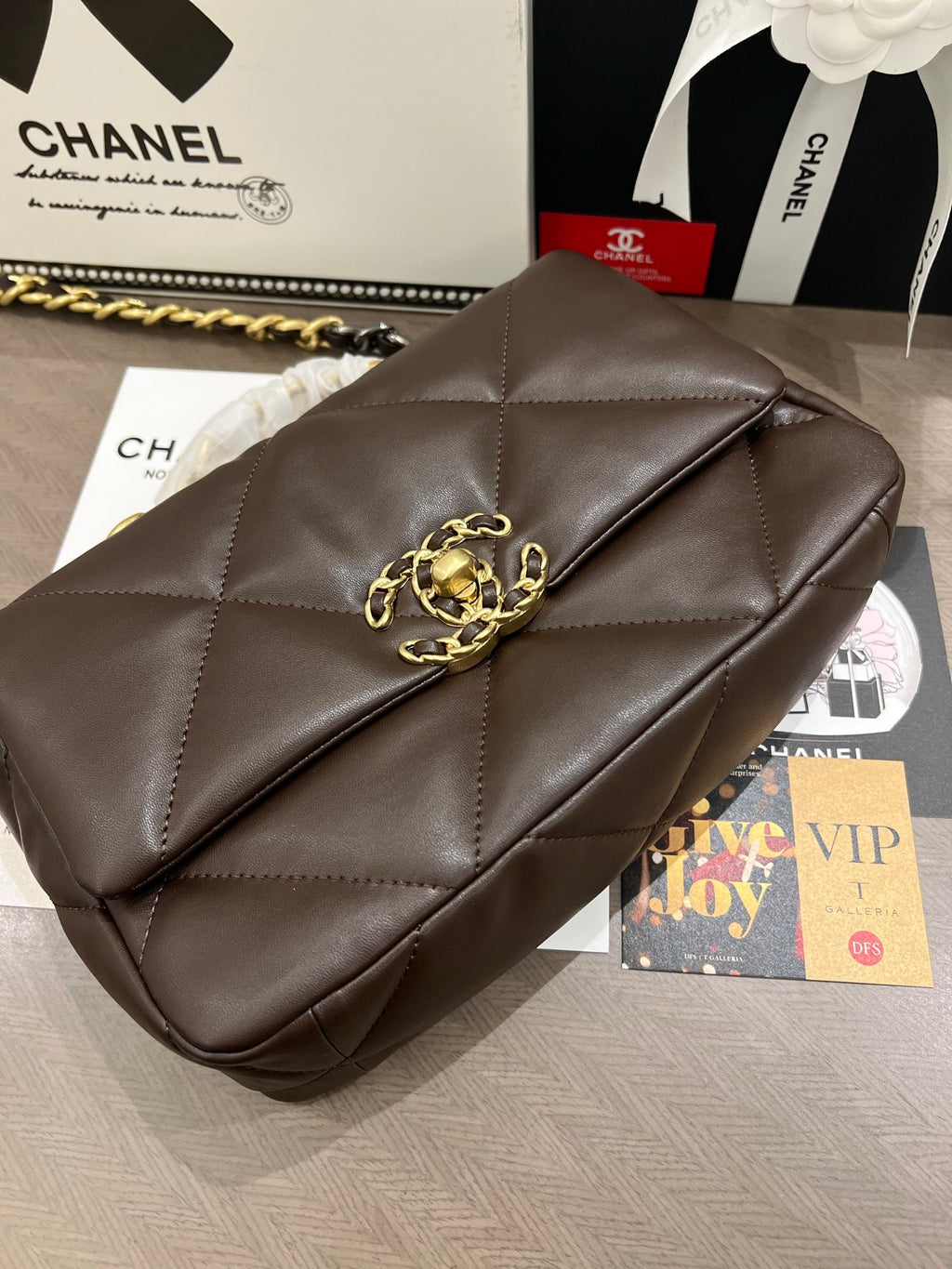 Brown Lambskin Quilted 19 Bag 25cm