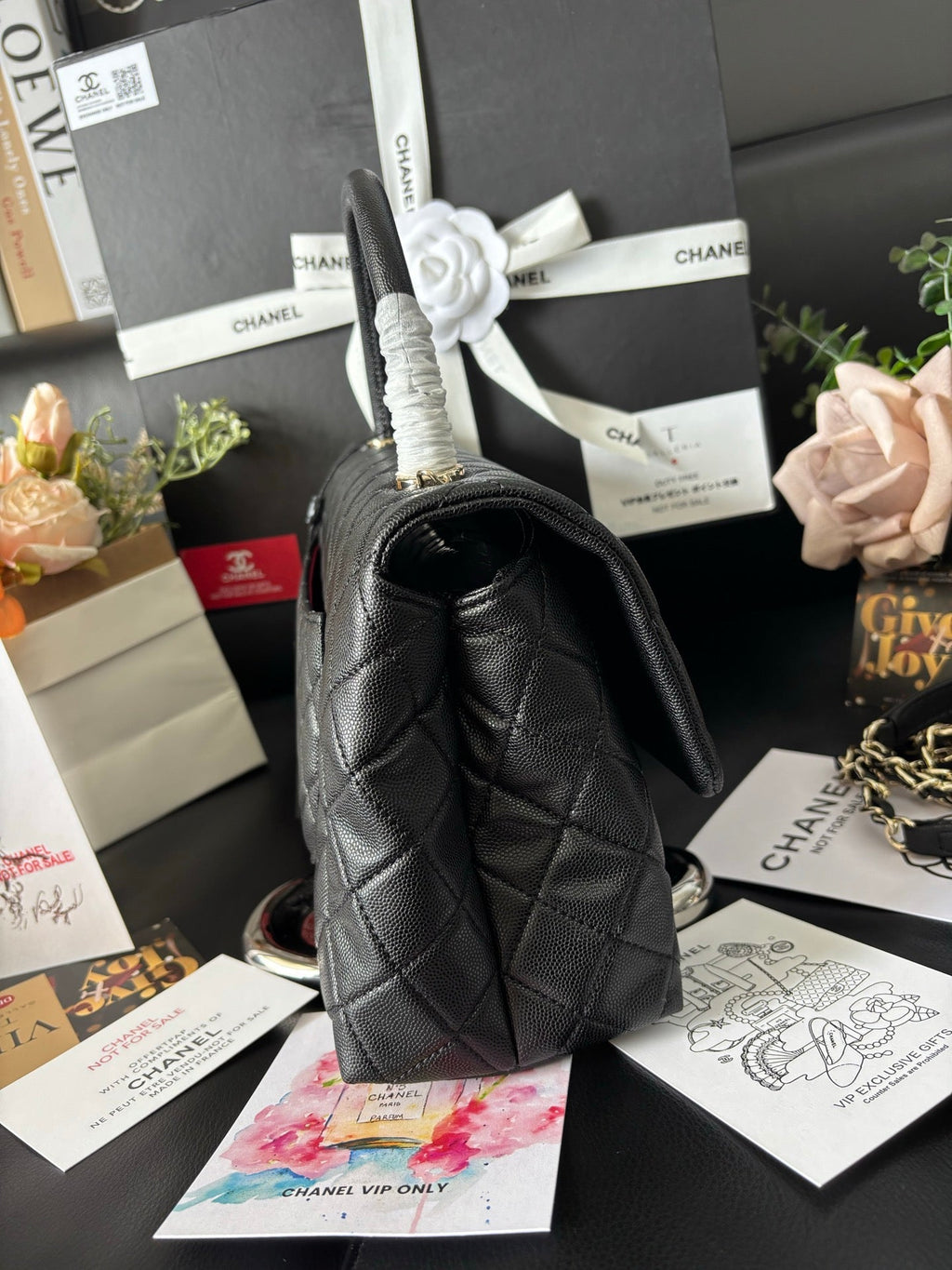 Black Quilted back caviar calfskin leather with gold-tone chain and top handle Lovely Pink Cherry