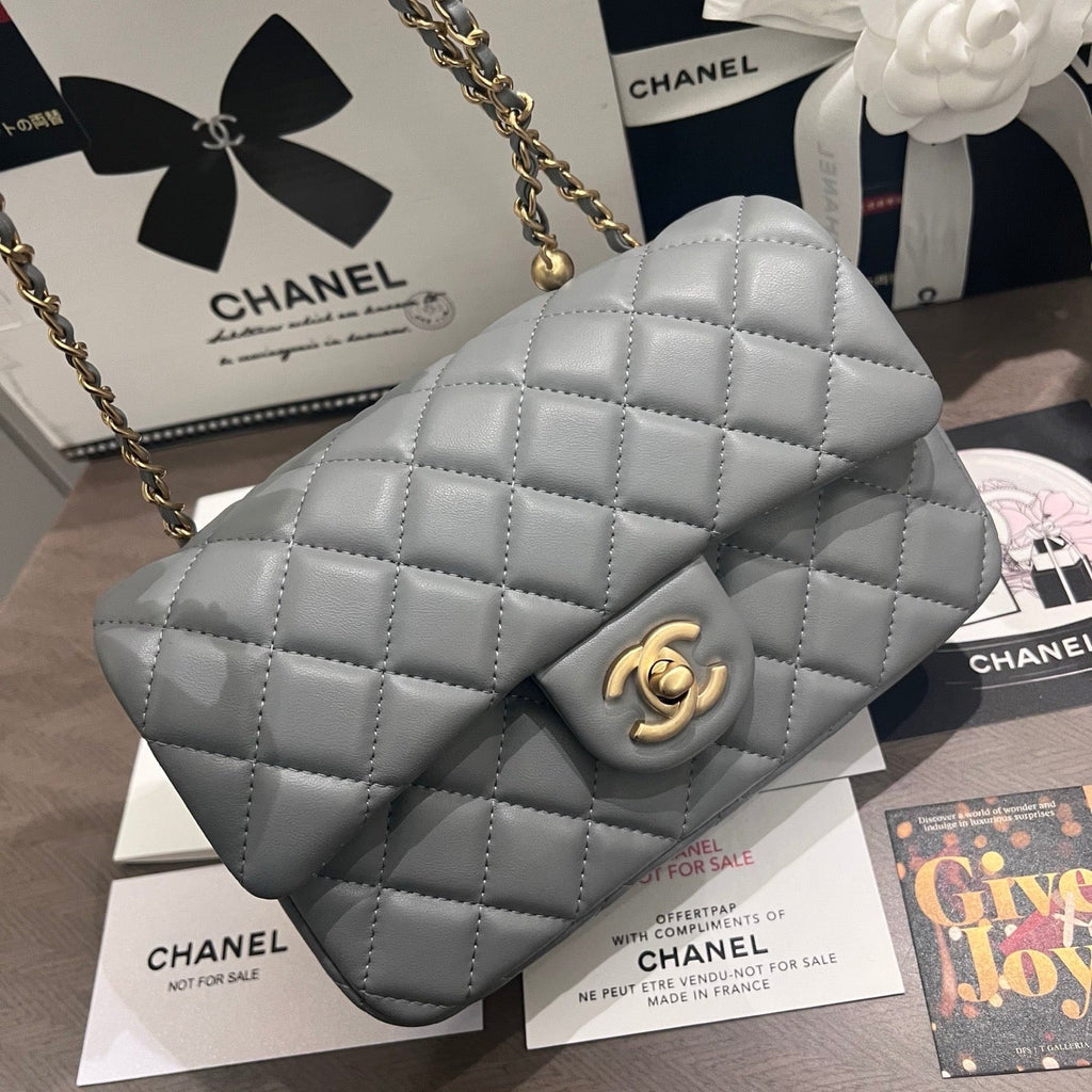 Elephant Grey Classic Flap With Golden Ball Chain Lovely Pink Cherry