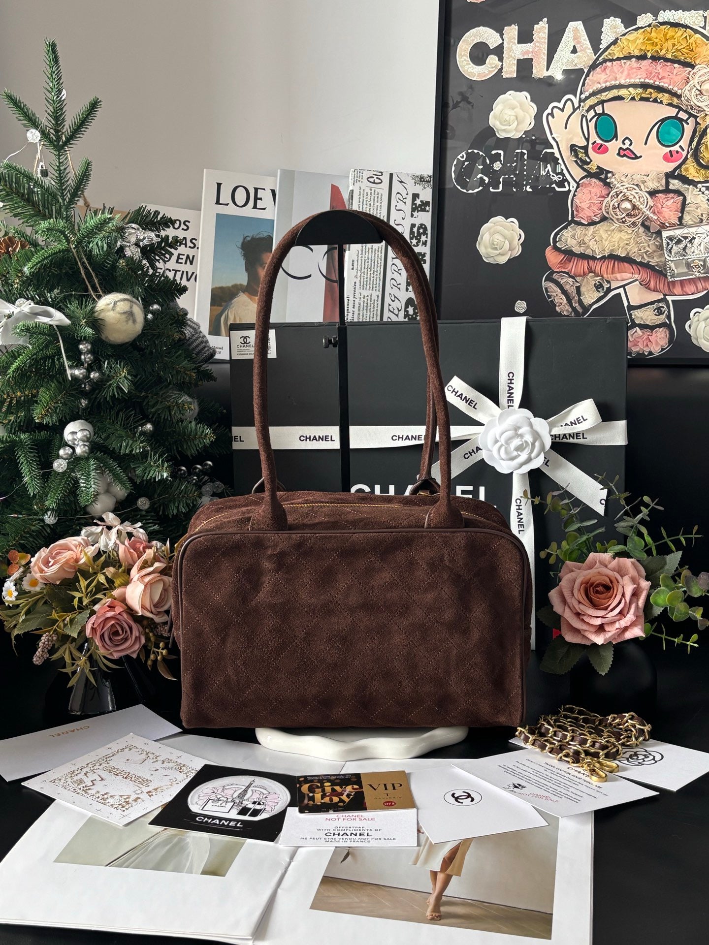 Chocolate Calfskin Suede Triangle Bag  31x12x18