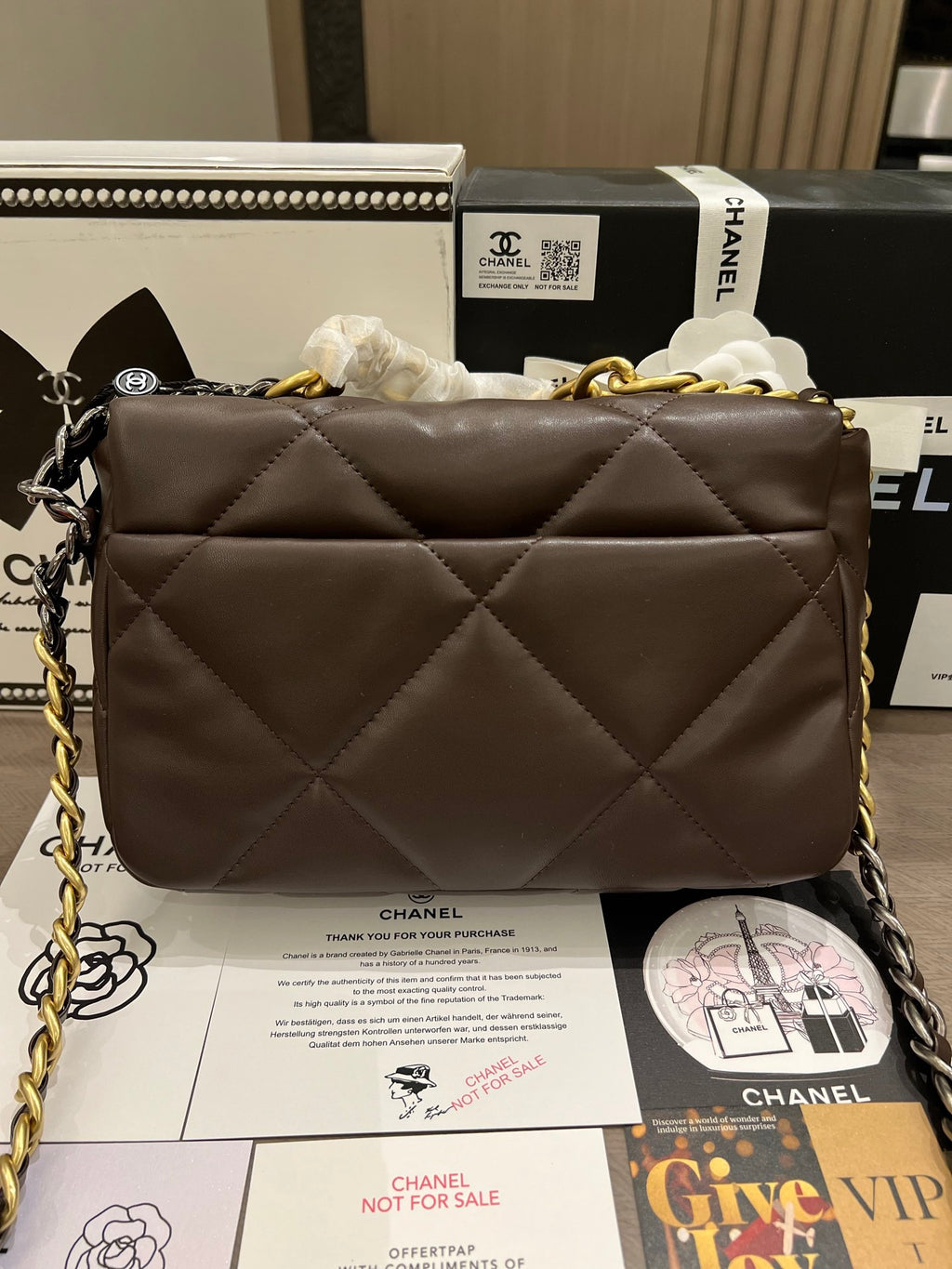 Brown Lambskin Quilted 19 Bag 25cm