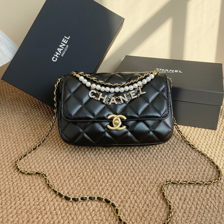 Medium Flap Bag with Pearl Chain