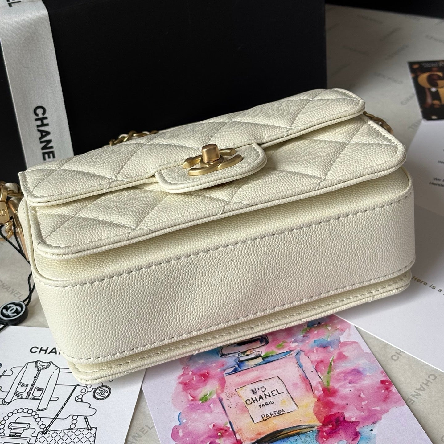 Cream Caviar Calfskin Leather 24K Mini Lovely Pink Cherry