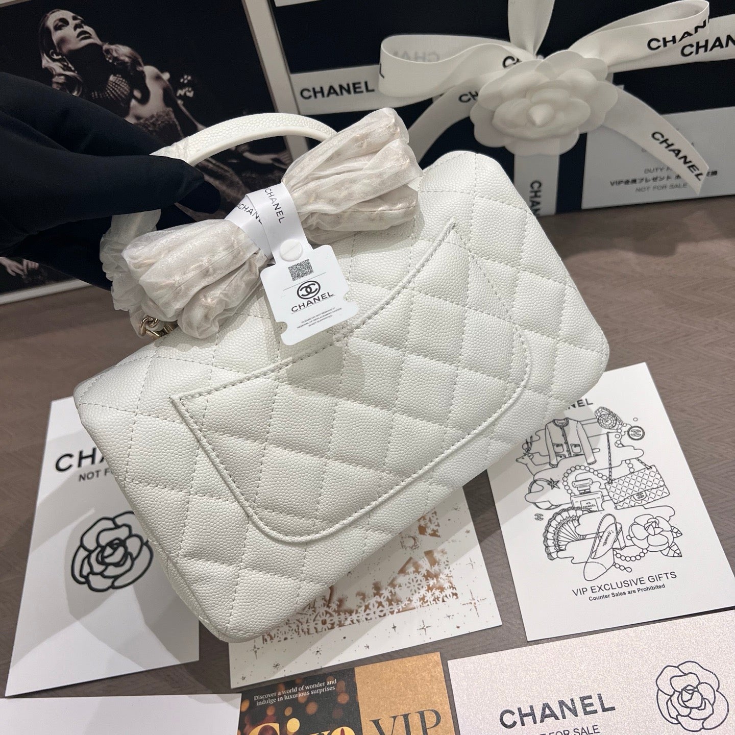 Snow White Calfskin Caviar Handle Flap Bag