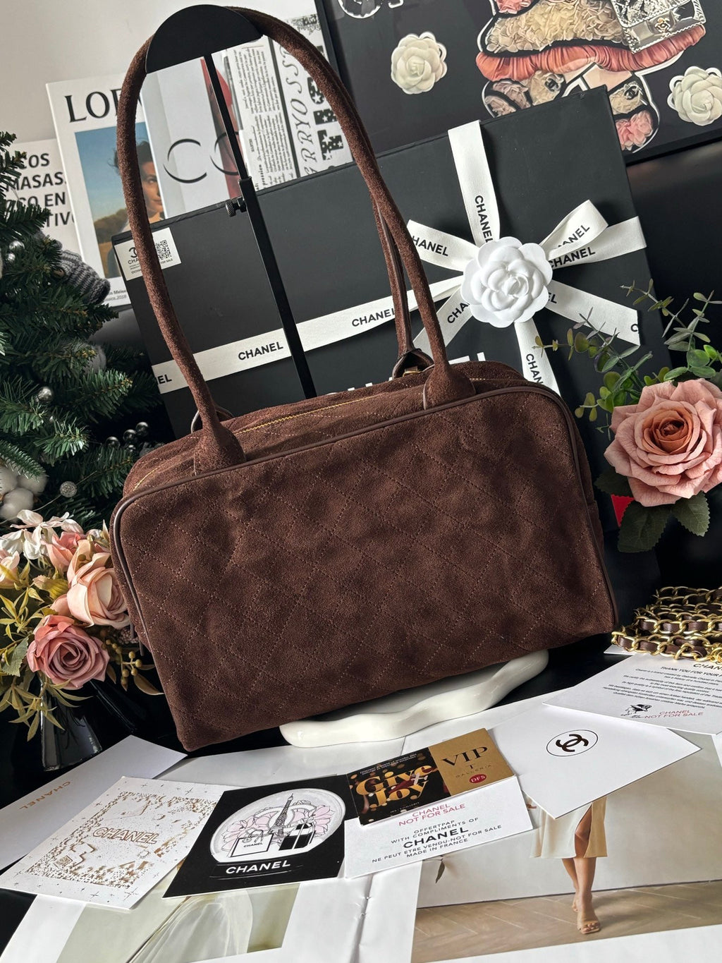 Chocolate Calfskin Suede Triangle Bag  31x12x18 Lovely Pink Cherry