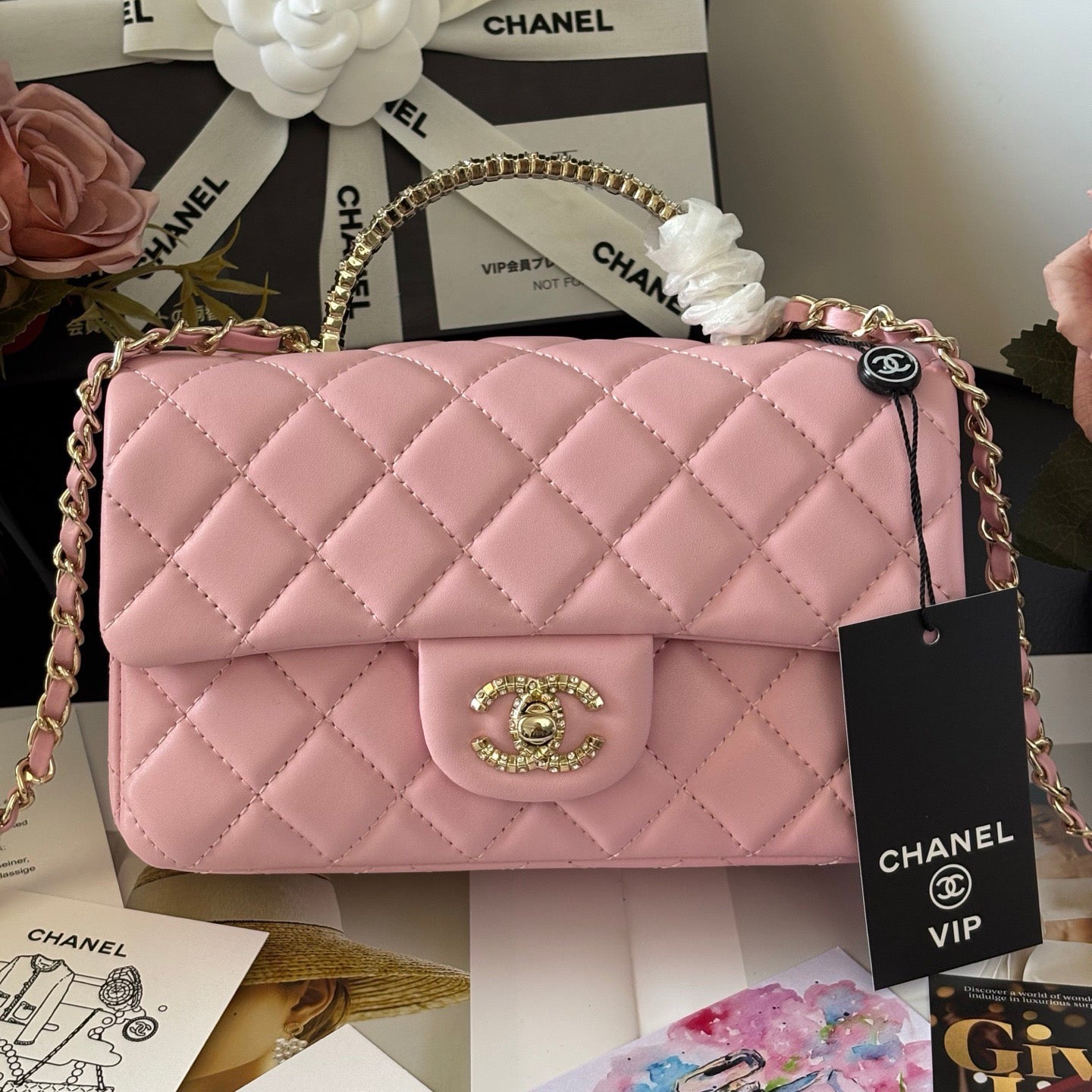Pink Quilted Leather top Handle Flap bag
