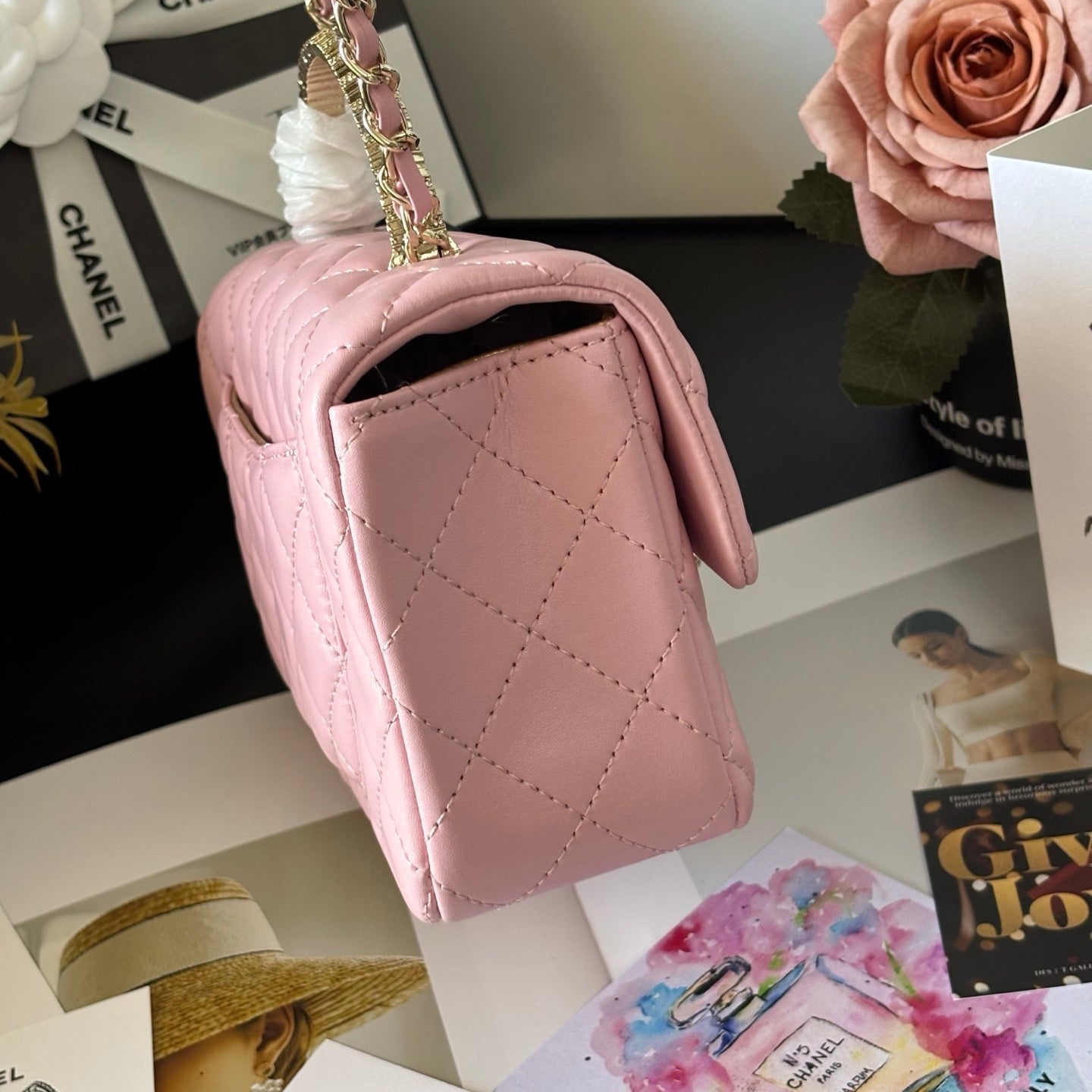 Pink Quilted Leather top Handle Flap bag
