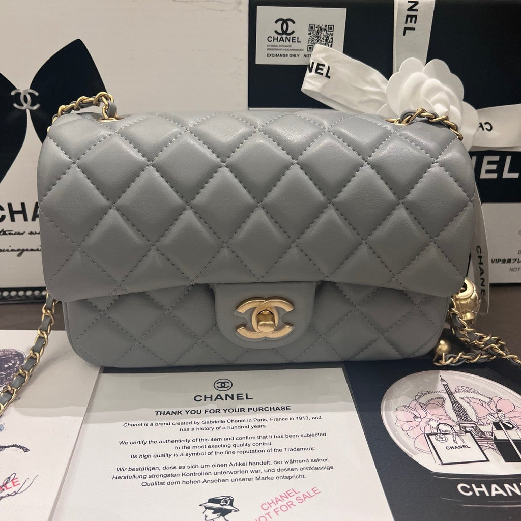 Elephant Grey Classic Flap With Golden Ball Chain Lovely Pink Cherry