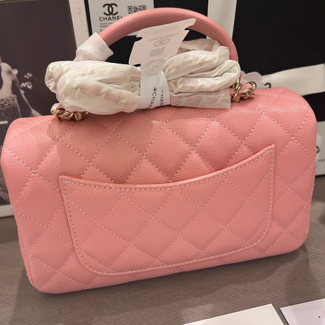 Pink Quilted Leather top Handle Flap bag