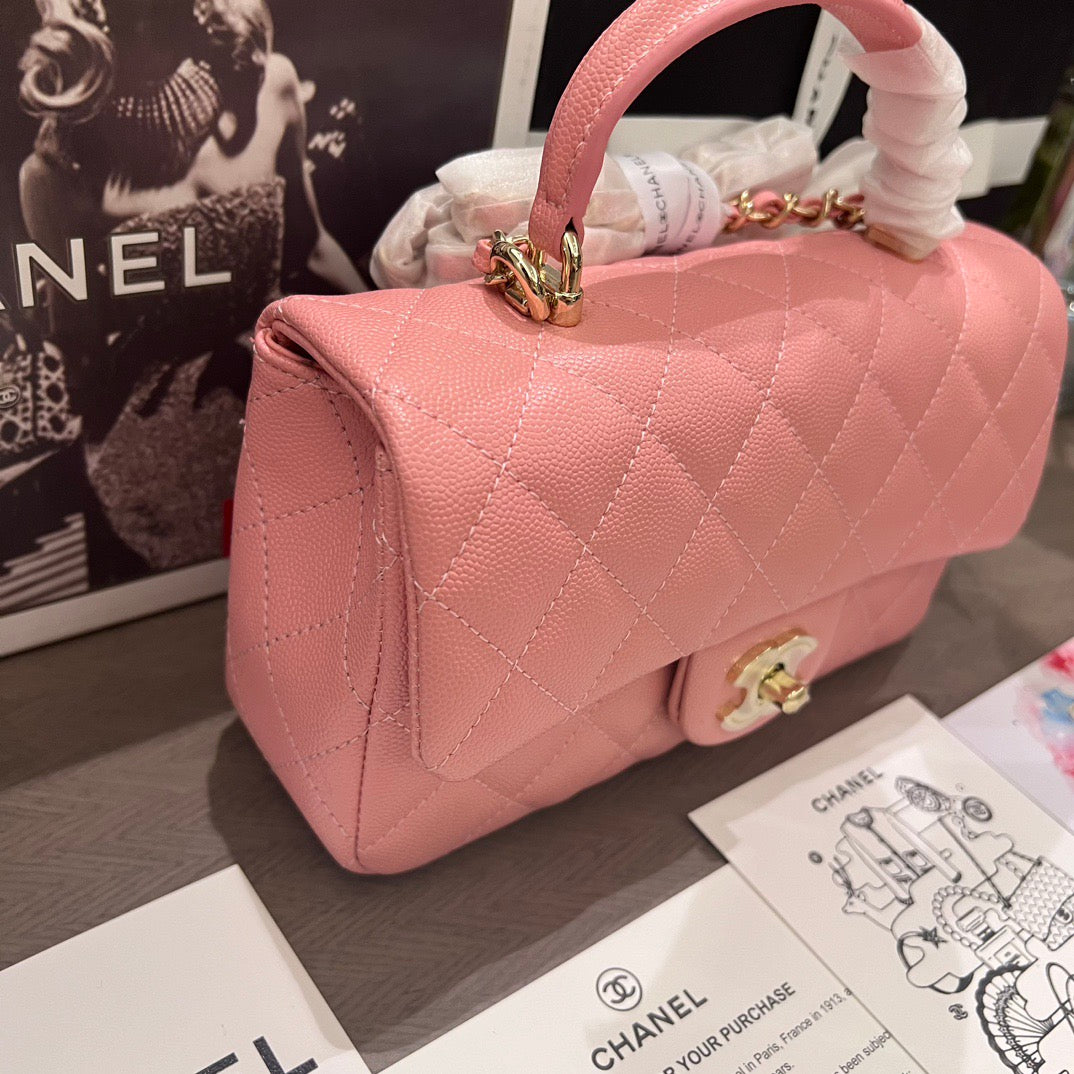 Pink Quilted Leather top Handle Flap bag