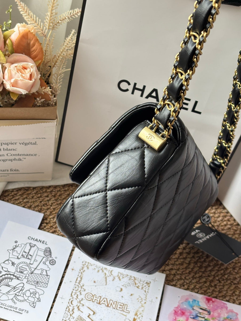 Black Lambskin Vintage Style Flap Bag Lovely Pink Cherry