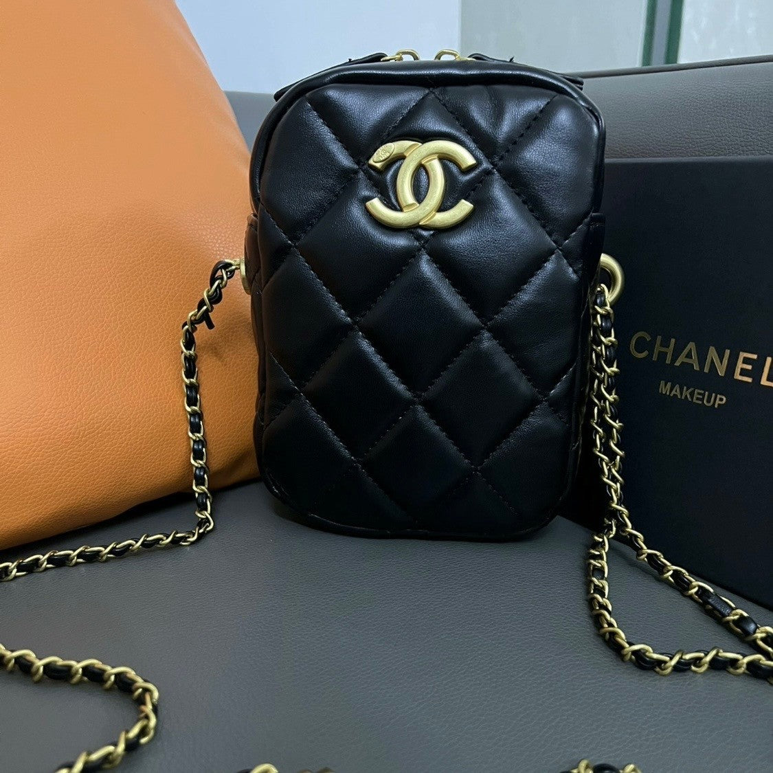 CHANEL Makeup VIP Gift Pouch Phone Purse With Pearl Chain, Box GWP0