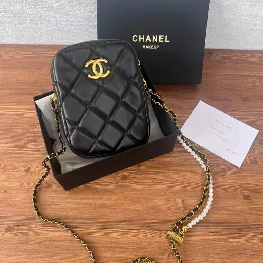 CHANEL Makeup VIP Gift Pouch Phone Purse With Pearl Chain, Box GWP1