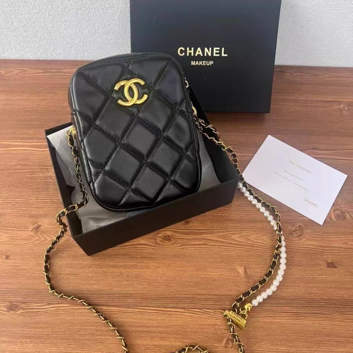 CHANEL Makeup VIP Gift Pouch Phone Purse With Pearl Chain, Box GWP1