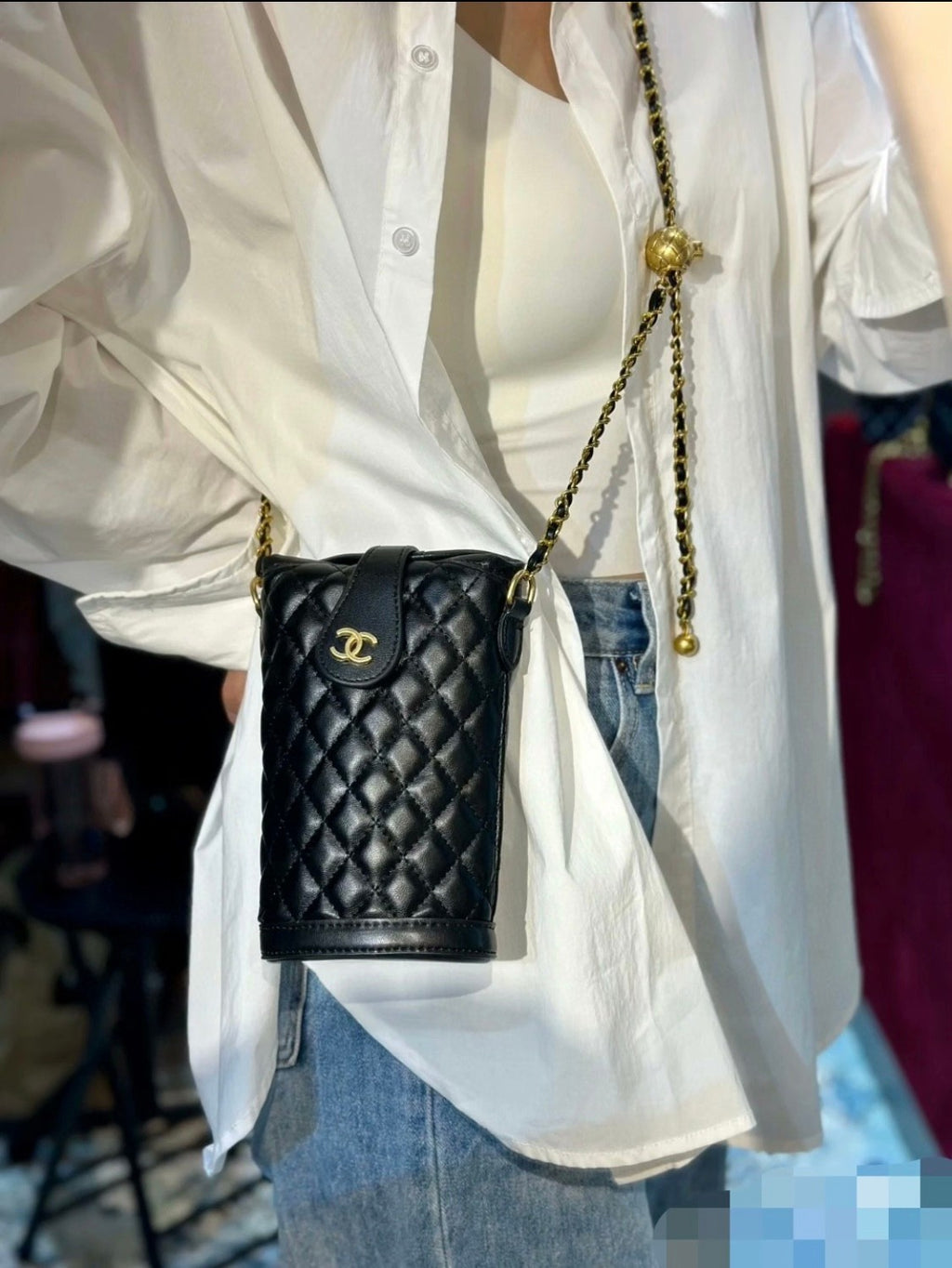 CHANEL Makeup VIP Gift Pouch Phone Purse With Pearl Chain, Box GWP8