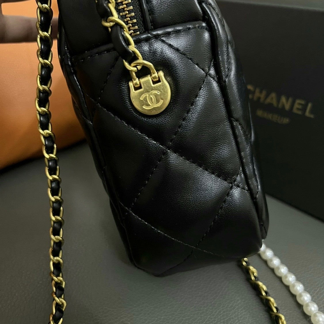 CHANEL Makeup VIP Gift Pouch Phone Purse With Pearl Chain, Box GWP8