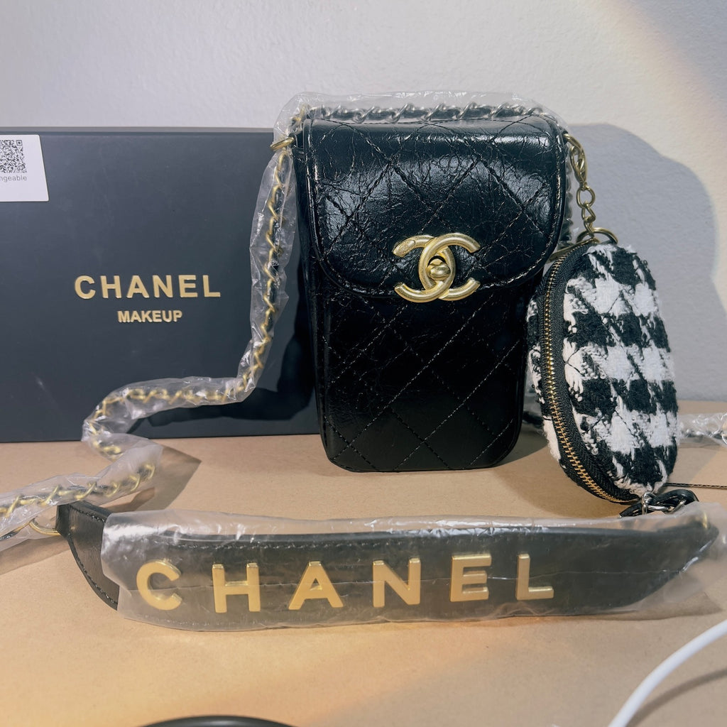 CHANEL Makeup VIP Gift Pouch With Chain Plus Tweed Coin Purse, Box GWP0