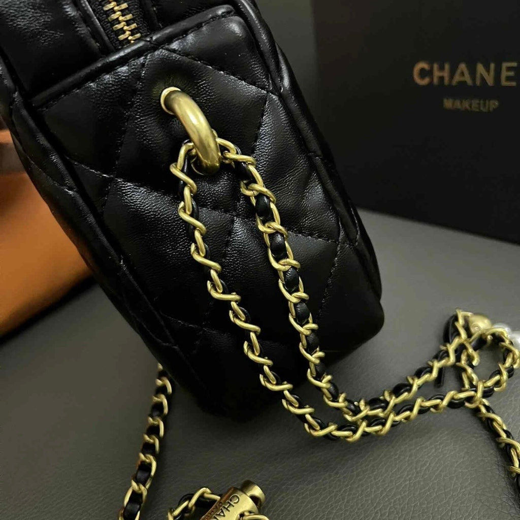 CHANEL Makeup VIP Gift Pouch Phone Purse With Pearl Chain, Box GWP7