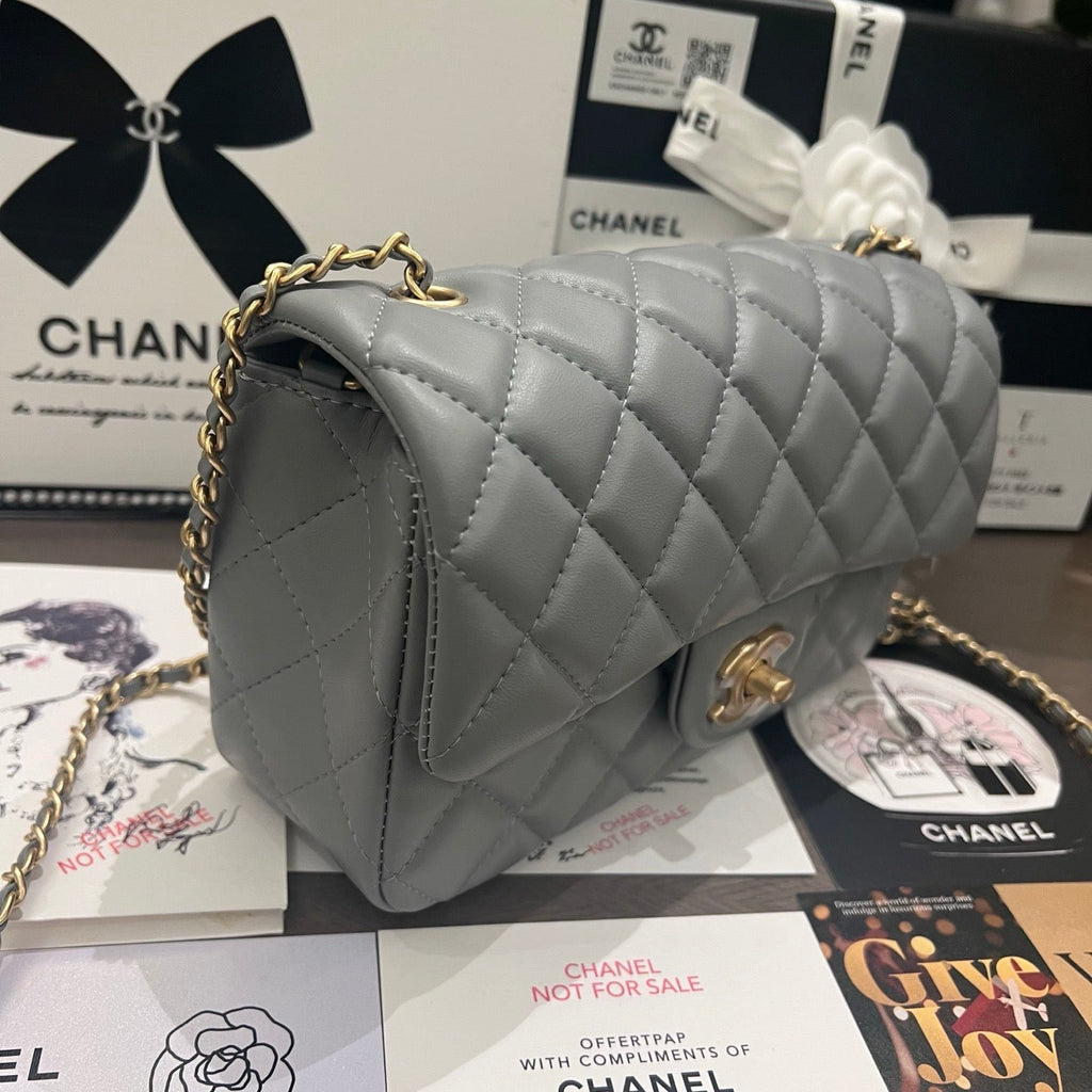 Elephant Grey Classic Flap With Golden Ball Chain Lovely Pink Cherry