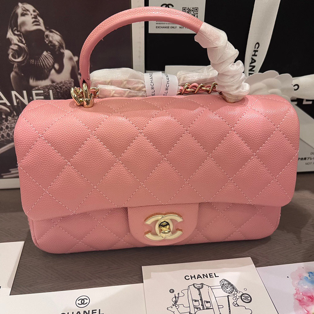 Pink Quilted Leather top Handle Flap bag