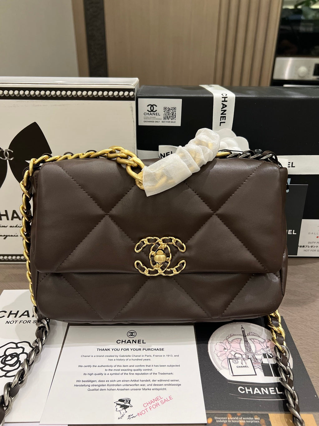 Brown Lambskin Quilted 19 Bag 25cm