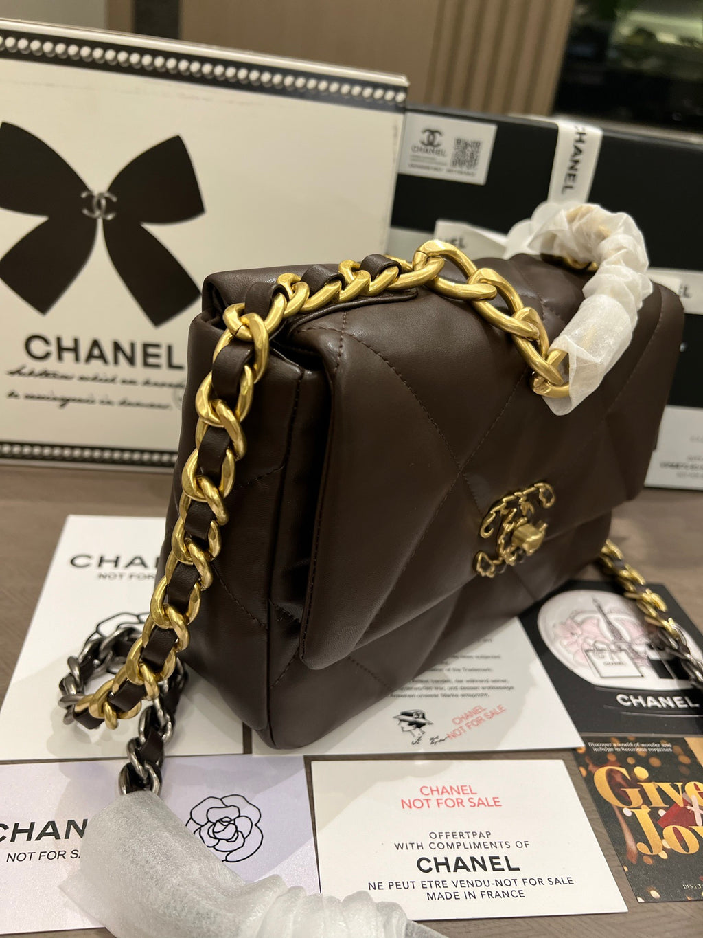 Brown Lambskin Quilted 19 Bag 25cm