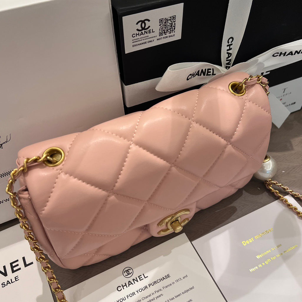 Pink Quilted Lambskin Double Pearls Flap bag