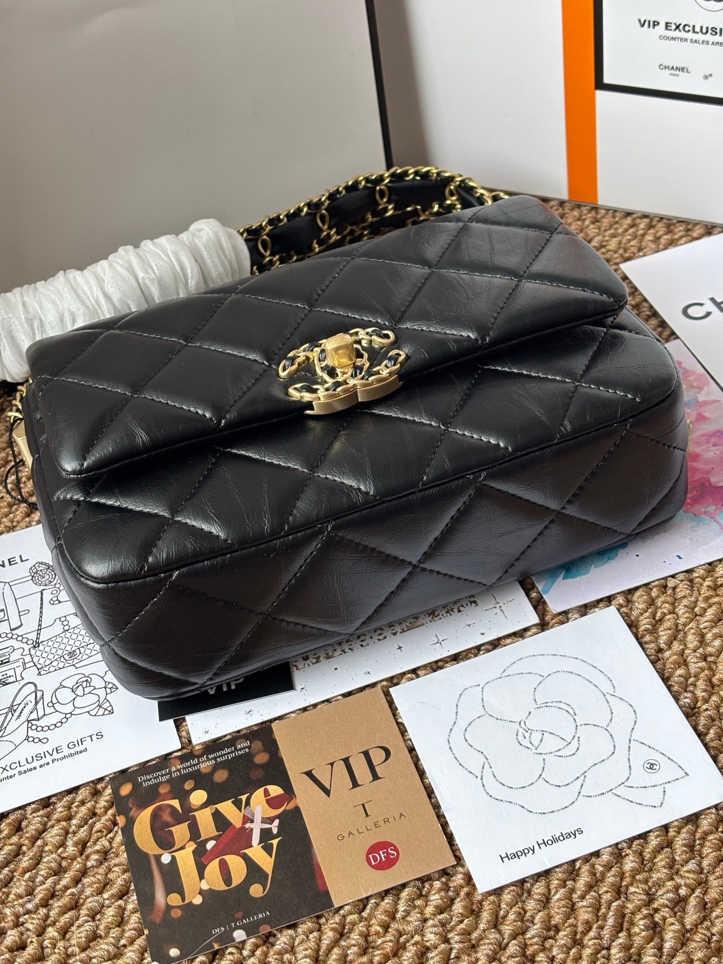 Black Lambskin Vintage Style Flap Bag Lovely Pink Cherry