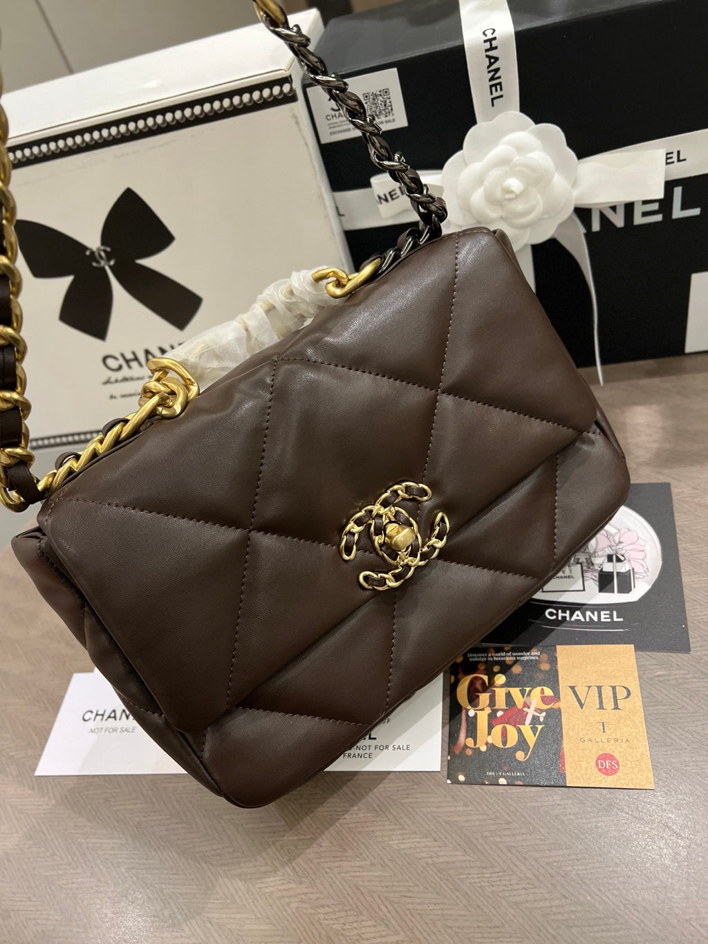 Brown Lambskin Quilted 19 Bag 25cm