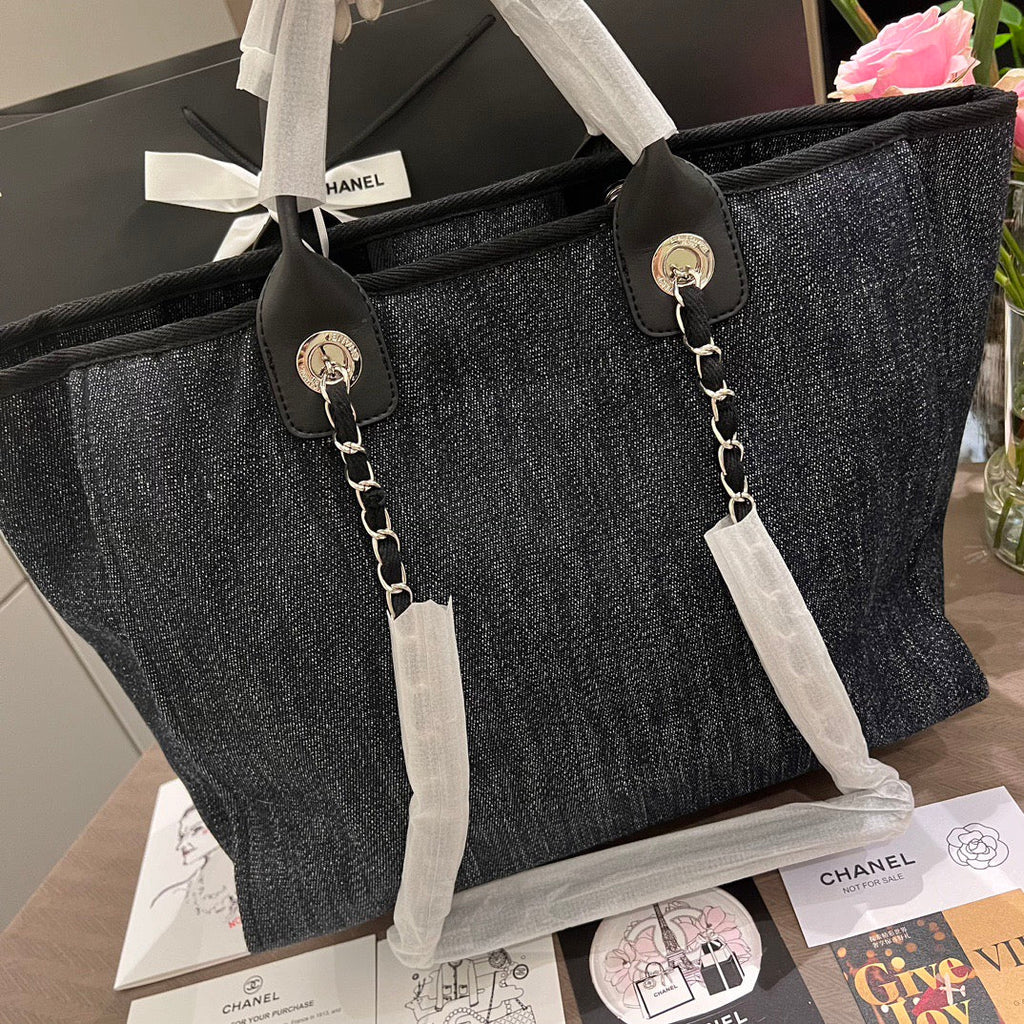 Denim Large Beach Tote with Straps Lovely Pink Cherry