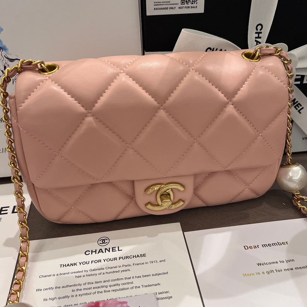 Pink Quilted Lambskin Double Pearls Flap bag