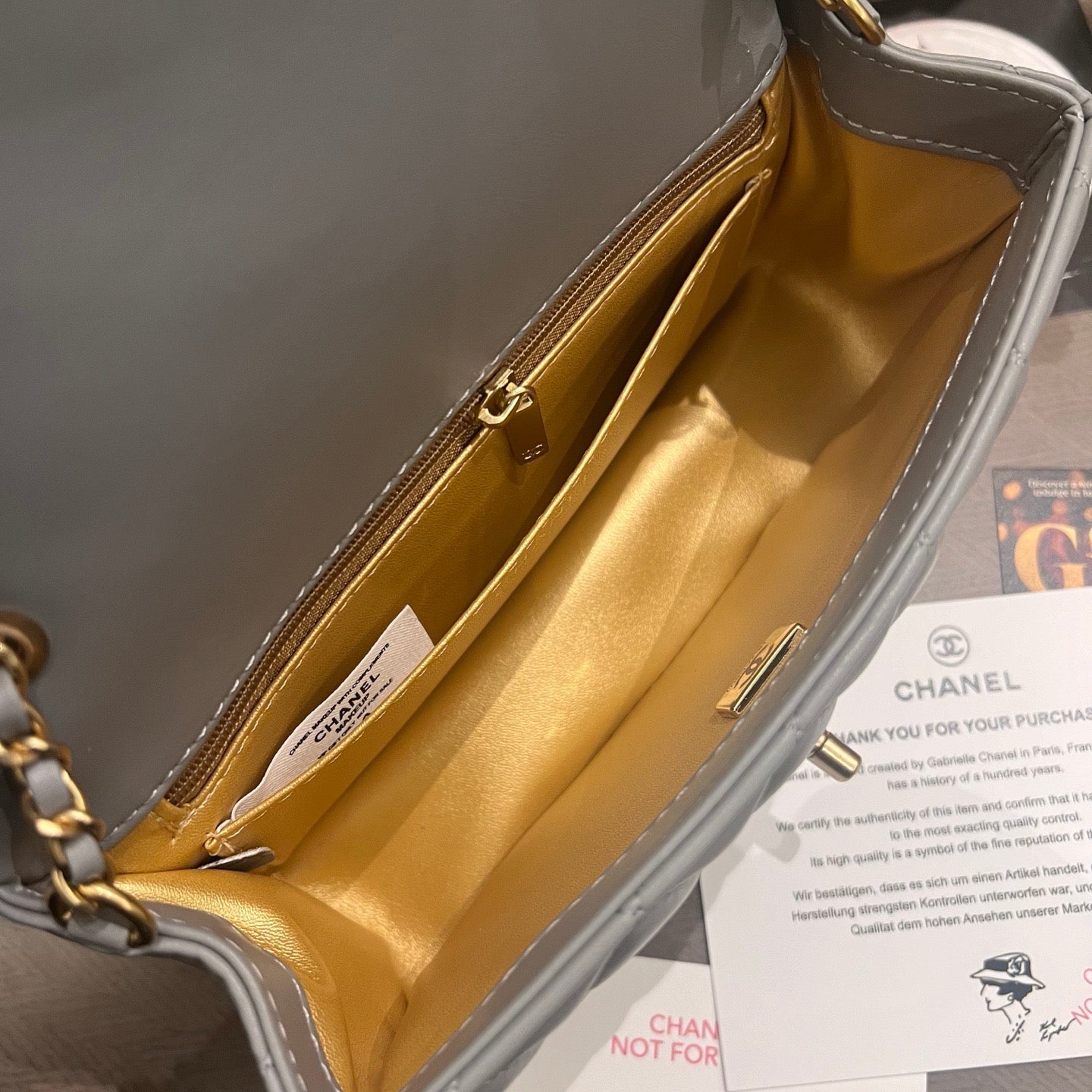 Elephant Grey Classic Flap With Golden Ball Chain Lovely Pink Cherry