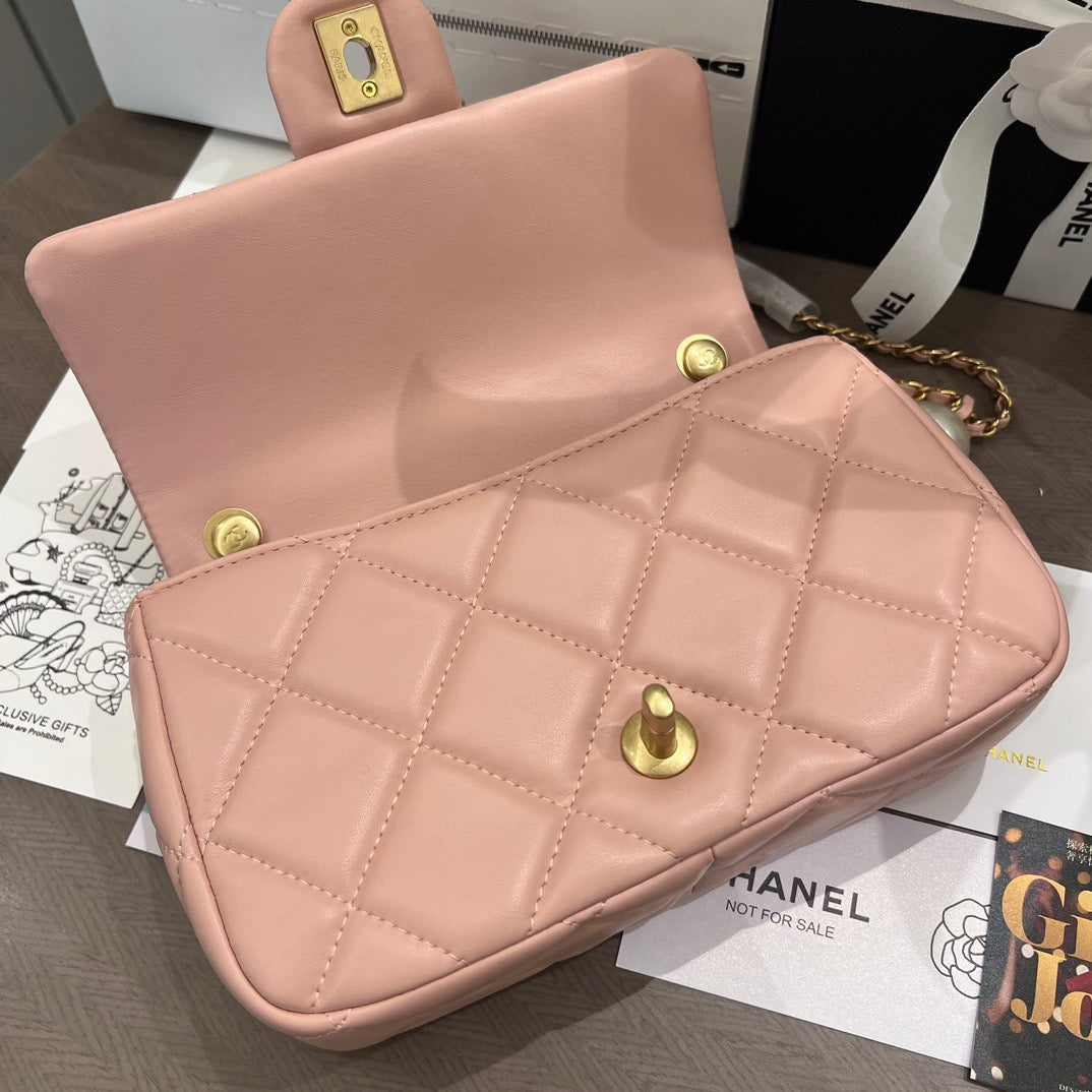 Pink Quilted Lambskin Double Pearls Flap bag