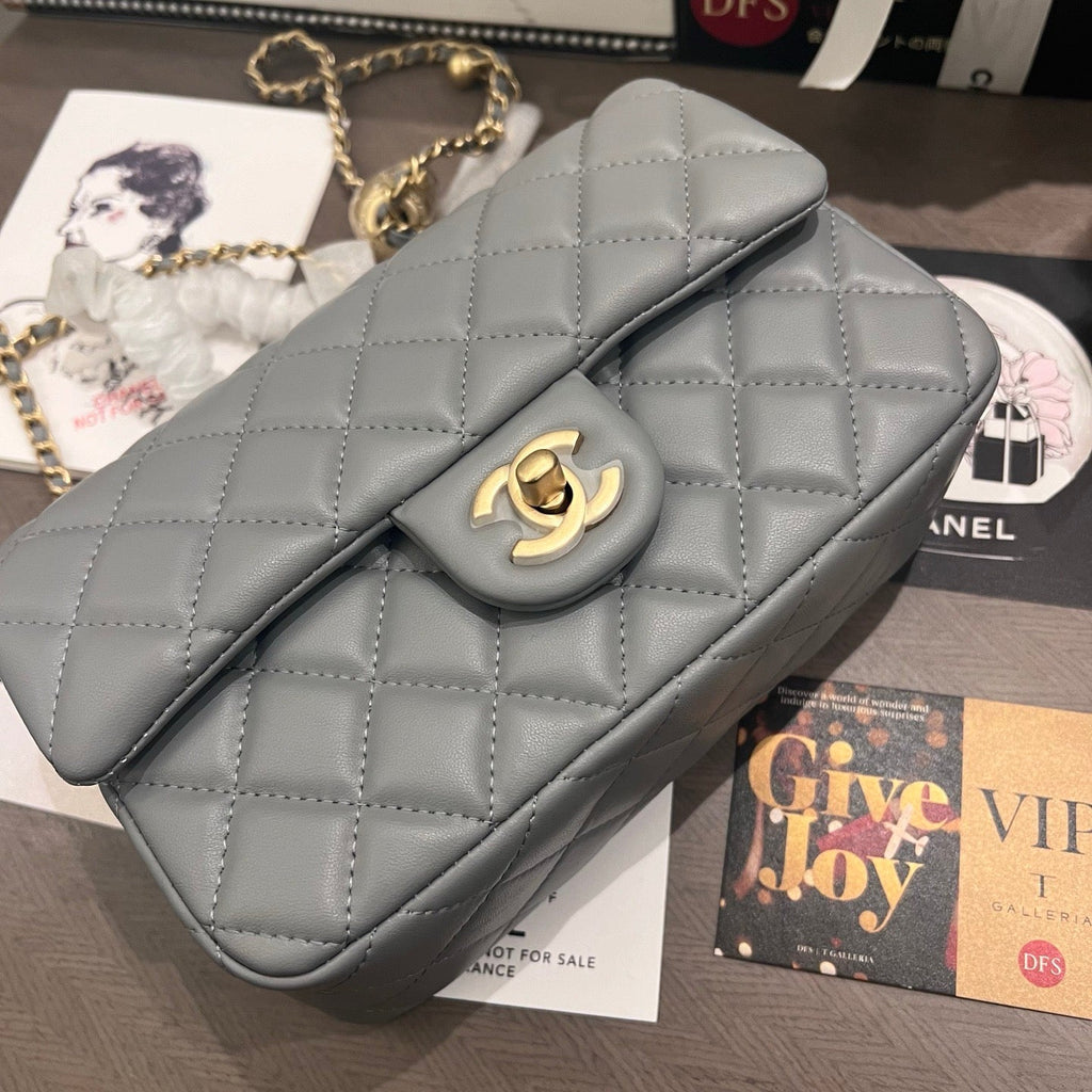 Elephant Grey Classic Flap With Golden Ball Chain Lovely Pink Cherry