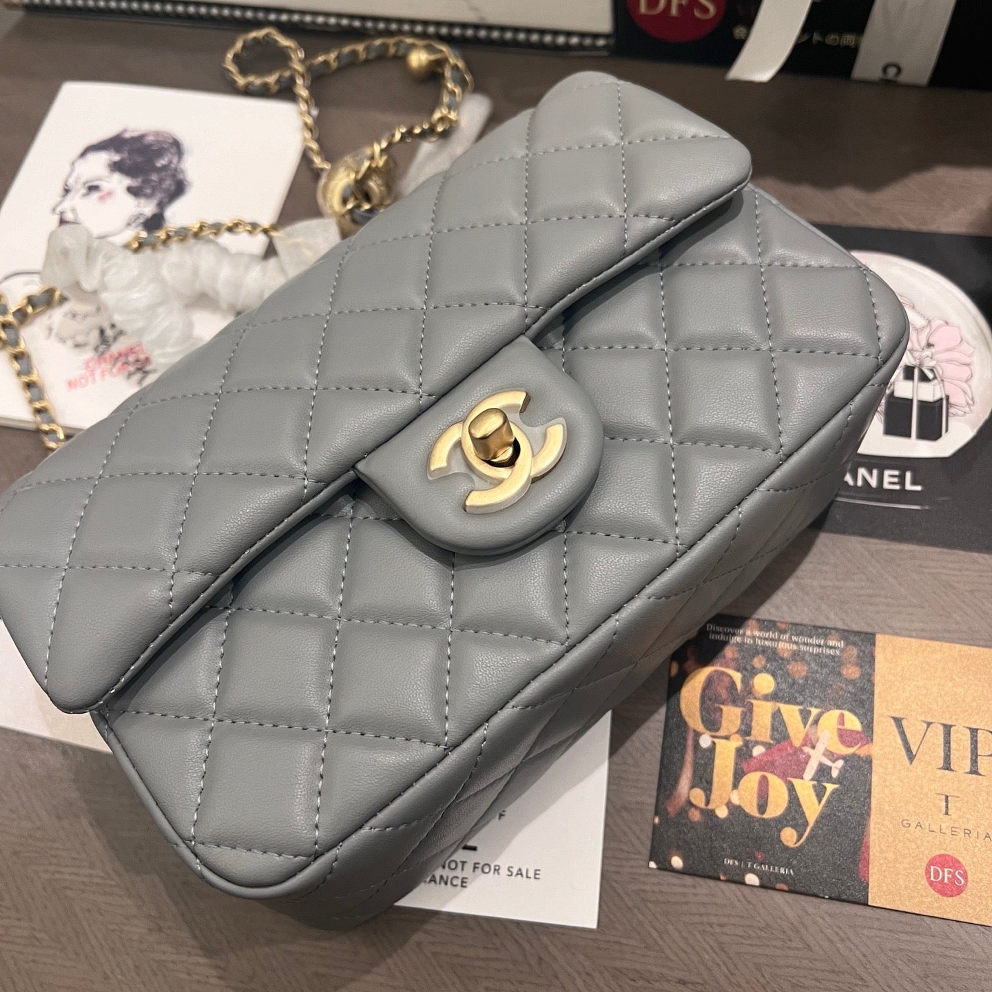 Elephant Grey Classic Flap With Golden Ball Chain Lovely Pink Cherry