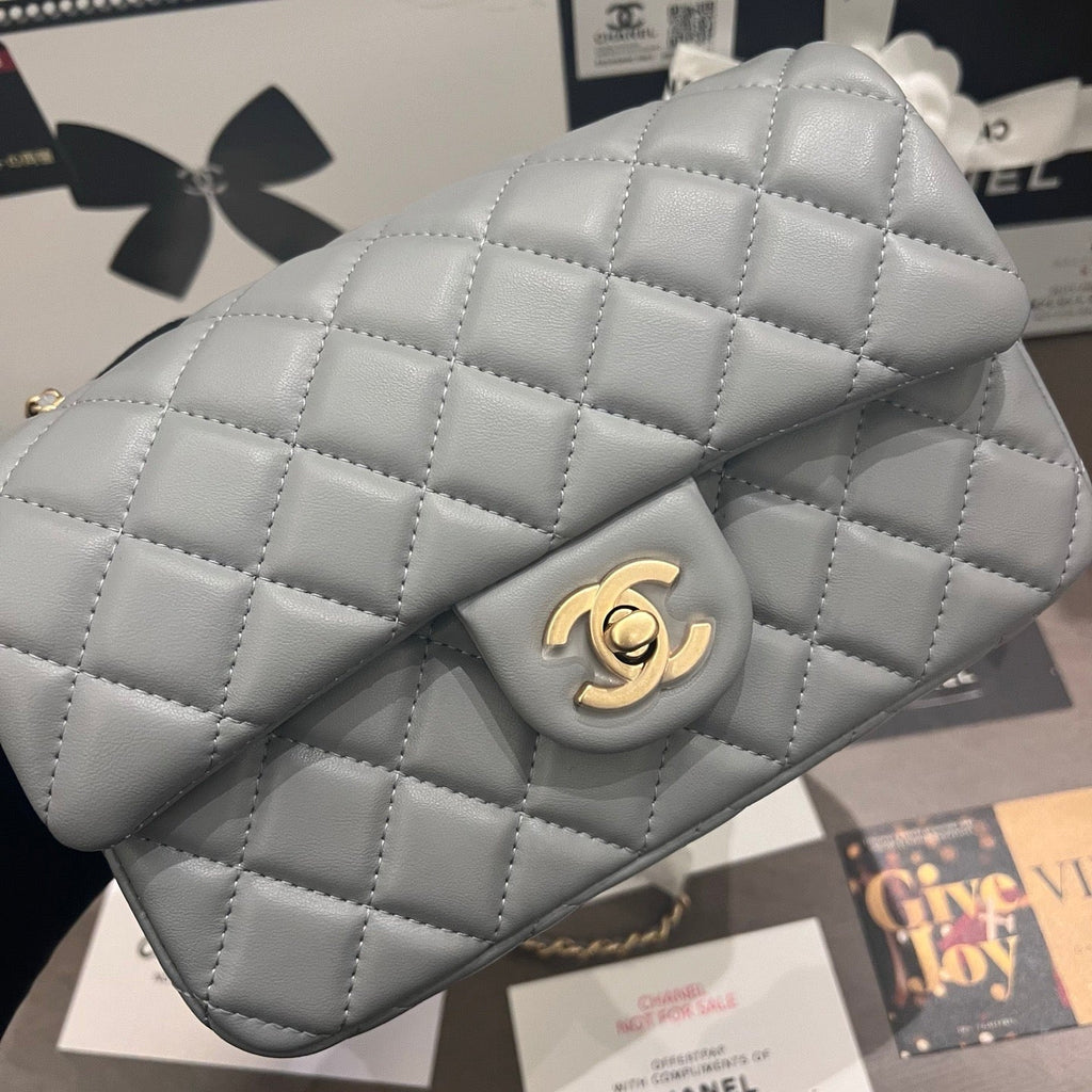 Elephant Grey Classic Flap With Golden Ball Chain Lovely Pink Cherry