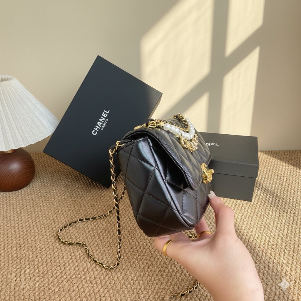 Medium Flap Bag with Pearl Chain