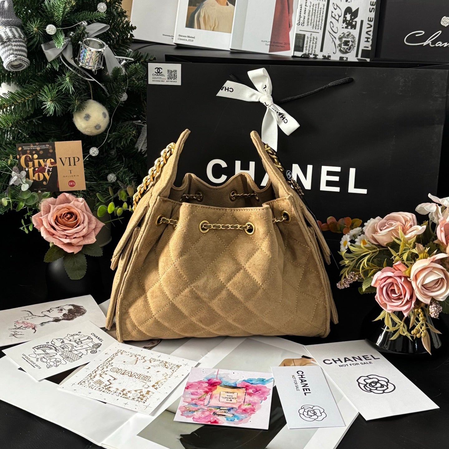 Sand Suede Calfskin Hobo Bag 25C Med