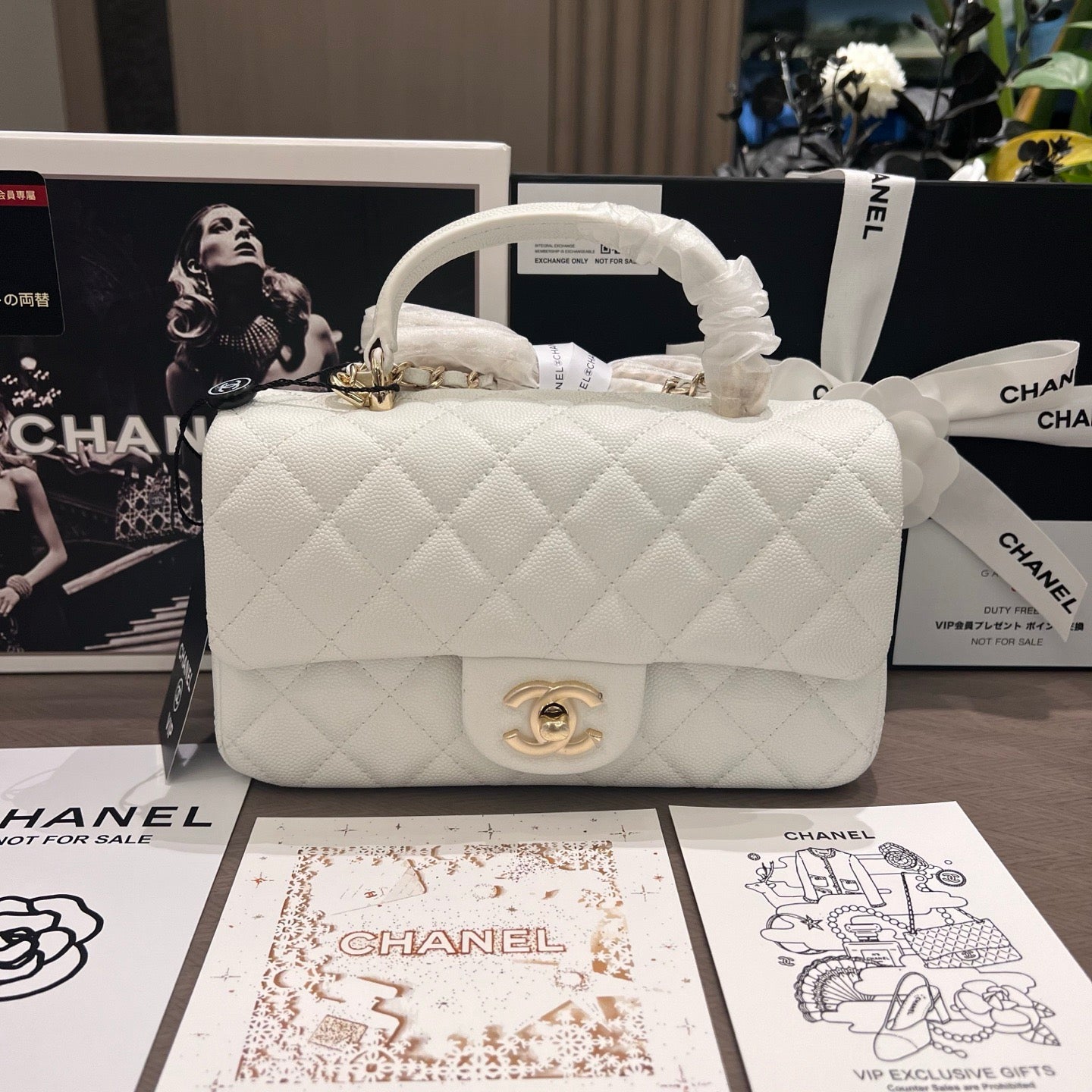 Snow White Calfskin Caviar Handle Flap Bag