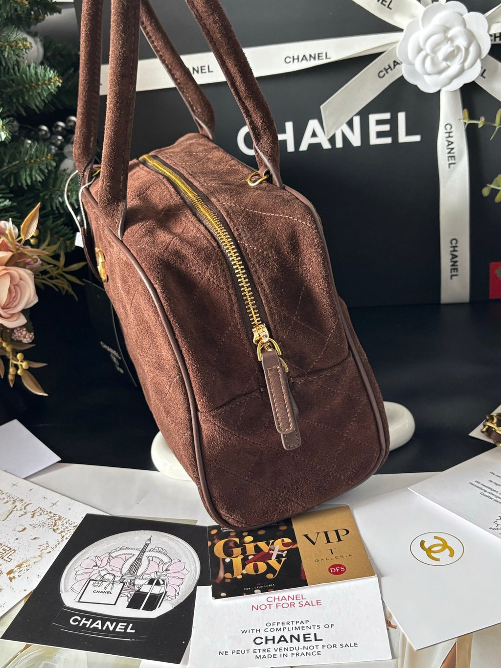 Chocolate Calfskin Suede Triangle Bag  31x12x18 Lovely Pink Cherry