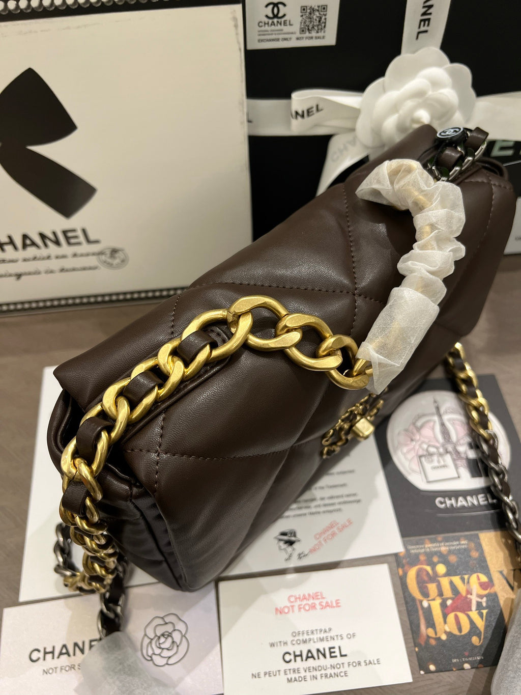 Brown Lambskin Quilted 19 Bag 25cm