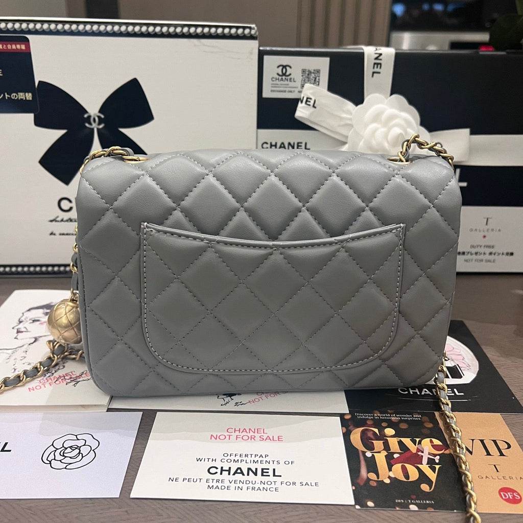 Elephant Grey Classic Flap With Golden Ball Chain Lovely Pink Cherry