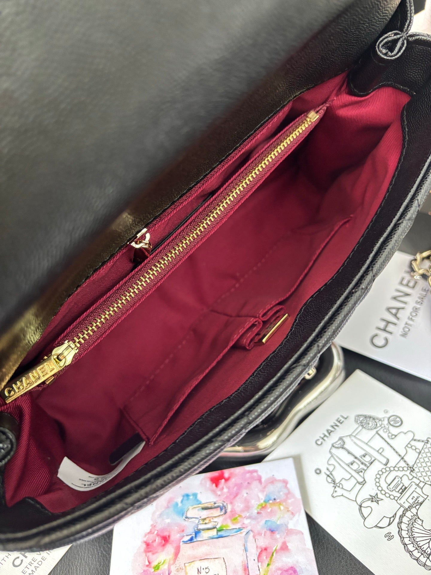 Black Quilted back caviar calfskin leather with gold-tone chain and top handle Lovely Pink Cherry