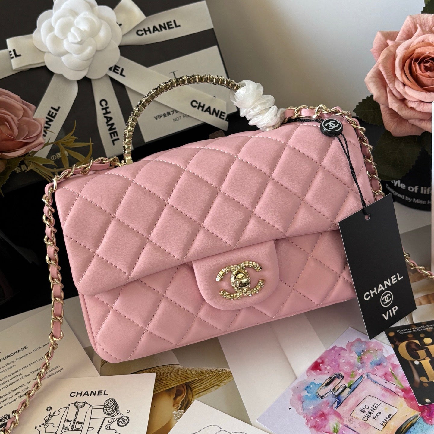 Pink Quilted Leather top Handle Flap bag